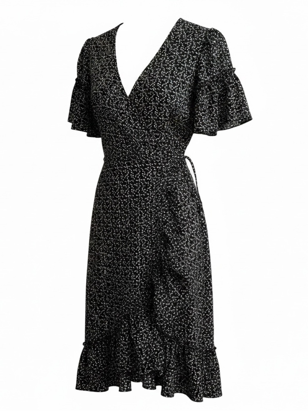 Max Studio Black Wrap Mini Dress with White & Blush Dot Print